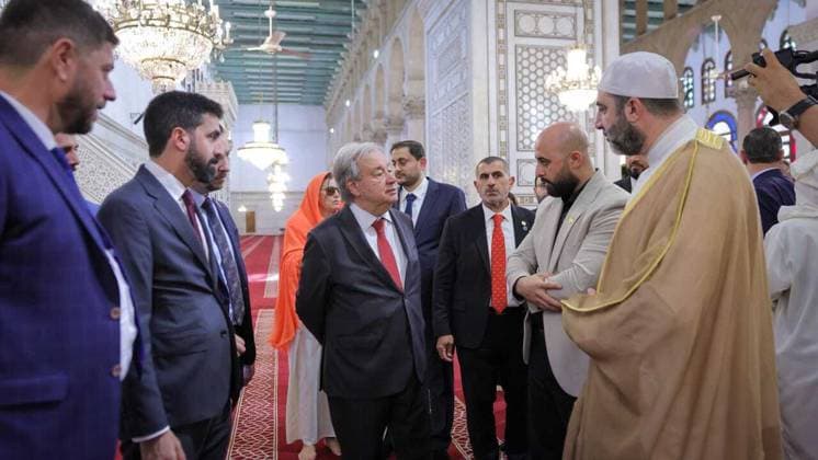 UN chief Guterres arrives in Damascus on first visit by a secretary-general since 2009 DAMASCUS, SYRIA - JULY 25: (----EDITORIAL USE ONLY - MANDATORY CREDIT - SYRIAN FOREIGN MINISTRY HANDOUT - NO MARKETING NO ADVERTISING CAMPAIGNS - DISTRIBUTED AS A SERVICE TO CLIENTS----) UN Secretary-General Antonio Guterres visits Umayyad Mosque and Old City on the first visit by a UN chief to the country since 2009 in Damascus, Syria on July 25, 2026. Syrian Foreign Ministry Anadolu Damascus Syria. Editorial use only. Please get in touch for any other usage.  Copyright: x2026xAnadoluxSyrianxForeignxMinistryx