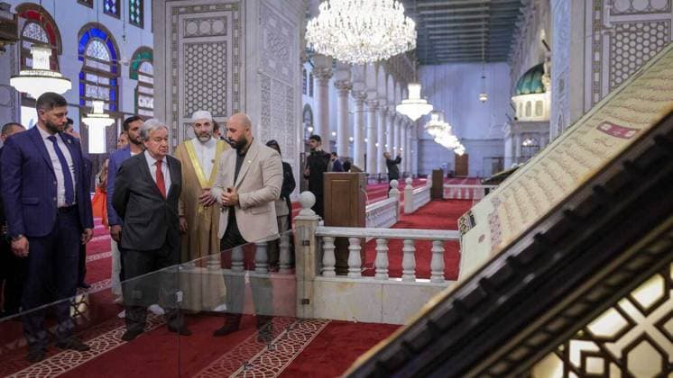UN chief Guterres arrives in Damascus on first visit by a secretary-general since 2009 DAMASCUS, SYRIA - JULY 25: (----EDITORIAL USE ONLY - MANDATORY CREDIT - SYRIAN FOREIGN MINISTRY HANDOUT - NO MARKETING NO ADVERTISING CAMPAIGNS - DISTRIBUTED AS A SERVICE TO CLIENTS----) UN Secretary-General Antonio Guterres visits Umayyad Mosque and Old City on the first visit by a UN chief to the country since 2009 in Damascus, Syria on July 25, 2026. Syrian Foreign Ministry Anadolu Damascus Syria. Editorial use only. Please get in touch for any other usage.  Copyright: x2026xAnadoluxSyrianxForeignxMinistryx