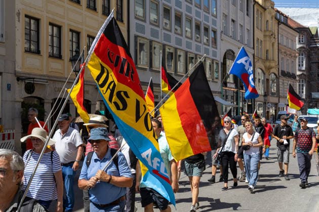 Munich, Bavaria, Germany - July 25, 2026: Protesters demonstrate in downtown Munich against Chancellor Friedrich Merz (CDU) and the federal government s policies. The rally is directed, among other things, against the government s economic and social policies. Protesters carrying German flags and flags of the AfD (Alternative for Germany) party *** Teilnehmer demonstrieren in der Münchner Innenstadt gegen Bundeskanzler Friedrich Merz (CDU) und die Politik der Bundesregierung. Die Kundgebung richtet sich unter anderem gegen die Regierungs- und Sozialpolitik. Demoteilnehmer mit Deutschland Flaggen bzw. Fahnen und Fahnen der Partei AfD (Alternative für Deutschland)