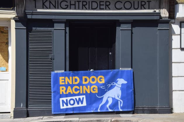 July 25, 2026, London, England, United Kingdom: Protesters start their march outside the offices of the Greyhound Board of Great Britain near St Paul s Cathedral, calling for an end to dog racing. The march dubbed Century of Suffering marks 100 years of greyhound racing in the UK. London United Kingdom  - ZUMAv130 20260725_zip_v130_043 Copyright: xVukxValcicx