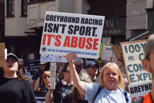 July 25, 2026, London, England, United Kingdom: Protesters gather outside the Royal Courts of Justice during a march calling for an end to dog racing. The march dubbed Century of Suffering marks 100 years of greyhound racing in the UK. London United Kingdom  - ZUMAv130 20260725_zip_v130_063 Copyright: xVukxValcicx