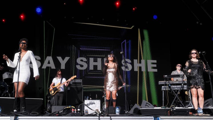 Womad: The Worlds Festival on Saturday 25 July 2026 Say She She performs on the World Stage during Womad: The Worlds Festival on Saturday 25 July 2026 at Neston Park. Say She She Are A Brooklyn-Based Disco-Funk Soul Trio Made Up Of Nya Gazelle Brown, Piya Malik And Sabrina Cunningham (L - R )., Credit:Julie Edwards Avalon  Copyright: xJuliexEdwardsx xAvalonx 1118657715