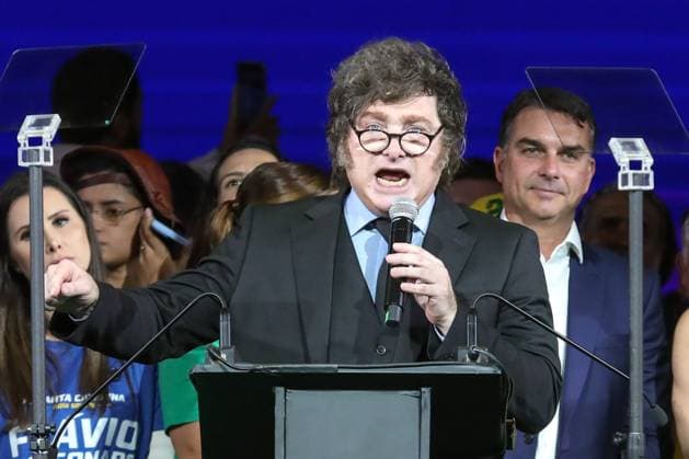 PL officially nominates Flavio Bolsonaro for president. President of Argentina, Javier Milei, during the national convention of the Liberal Party (PL) that formalized the candidacy of Senator Flavio Bolsonaro (PL) for the presidency of the Republic, at Mercado Pago Hall, in Arena Pacaembu, west zone of Sao Paulo, this Saturday, July 25, 2026. Sao Paulo Sao Paulo Brasil Copyright: xMarinaxUezimax