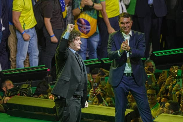 July 25, 2026: Argentine President Javier Milei (left) accompanies Flavio Bolsonaro during the Liberal Party (PL) rally confirming Flavio Bolsonaro as the official presidential candidate, in Sao Paulo, Brazil. - ZUMAl146 20260725_aaf_l146_010 Copyright: xPauloxLopesx