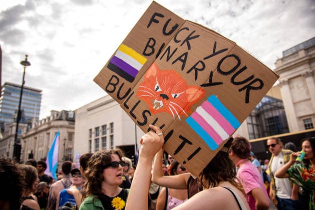 July 25, 2026, London, United Kingdom: (EDITOR S NOTE; Image contains profanity).A protestor holds a placard during the London Trans+ Pride 2026 Parade. New EHRC rules limiting single-sex spaces to biological sex created a bleak backdrop for this year s London Trans+ Pride march. London United Kingdom - ZUMAs197 20260725_aaa_s197_299 Copyright: xLoredanaxSangiulianox