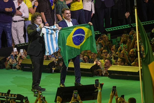 July 25, 2026: Argentine President Javier Milei (left) accompanies Flavio Bolsonaro during the Liberal Party (PL) rally confirming Flavio Bolsonaro as the official presidential candidate, in Sao Paulo, Brazil. - ZUMAl146 20260725_aaf_l146_011 Copyright: xPauloxLopesx