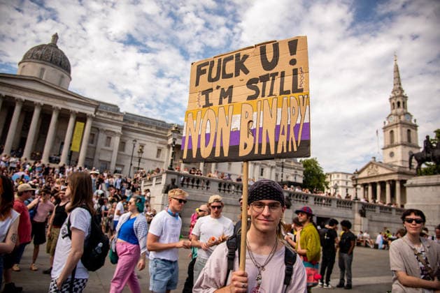 July 25, 2026, London, United Kingdom: (EDITOR S NOTE; Image contains profanity).A protestor holds a placard during the London Trans+ Pride 2026 Parade. New EHRC rules limiting single-sex spaces to biological sex created a bleak backdrop for this year s London Trans+ Pride march. London United Kingdom - ZUMAs197 20260725_aaa_s197_308 Copyright: xLoredanaxSangiulianox