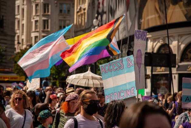 July 25, 2026, London, United Kingdom: Protestors hold large flags and placards during the London Trans+ Pride 2026 Parade. New EHRC rules limiting single-sex spaces to biological sex created a bleak backdrop for this year s London Trans+ Pride march. London United Kingdom - ZUMAs197 20260725_aaa_s197_319 Copyright: xLoredanaxSangiulianox