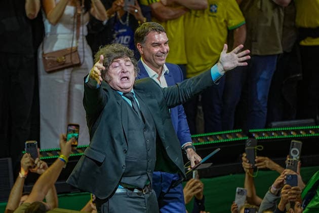 July 25, 2026: Argentine leader Javier Milei (front) participates in the Liberal Party (PL) political gathering in Sao Paulo, Brazil. The country s leading conservative party formalized the presidential bid of Flavio Bolsonaro. - ZUMAl146 20260725_aaf_l146_017 Copyright: xPauloxLopesx
