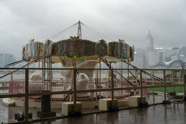 HONGKONG-TYPHOON NOUL A carousel bolted down during typhoon Noul in Hong Kong, July 26, 2026. NEXPHER Vernon Yuen HONG KONG