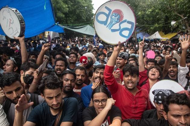 July 25, 2026, New Delhi, India: NEW DELHI, INDIA Ã¢â‚¬ JULY 25, 2026: Student protesters celebrate at Jantar Mantar following the resignation of India s Union Education Minister Dharmendra Pradhan, in New Delhi, India. Demonstrators hold placards reading Jeet ( Victory ), wave the Indian national flag and climb police barricades after the announcement, following days of nationwide protests over alleged irregularities in the country s education system. New Delhi India - ZUMAq101 20260725_zna_q101_387 Copyright: xAmitxShuklax