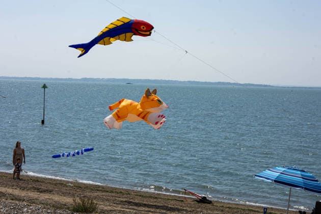 July 25, 2026, Essex, United Kingdom: A giant inflatable orange cat kite and a colourful fish kite fly above the beach and sea during the Kite Festival at Southend-On-Sea, as a woman and child watch from the shoreline. The Kite Festival Southend s Alternative Airshow, organised by Project Southchurch, was held on the Eastern Esplanade at Thorpe Bay seafront, Southend-On-Sea, Essex. Essex United Kingdom - ZUMAs197 20260725_aaa_s197_411 Copyright: xIanxDavidsonx