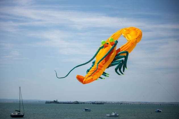 July 25, 2026, Essex, United Kingdom: A giant orange lobster kite flies above the sea and moored sailing boats during the Kite Festival at Southend-On-Sea, with the pier visible in the distance. The Kite Festival Southend s Alternative Airshow, organised by Project Southchurch, was held on the Eastern Esplanade at Thorpe Bay seafront, Southend-On-Sea, Essex. Essex United Kingdom - ZUMAs197 20260725_aaa_s197_432 Copyright: xIanxDavidsonx