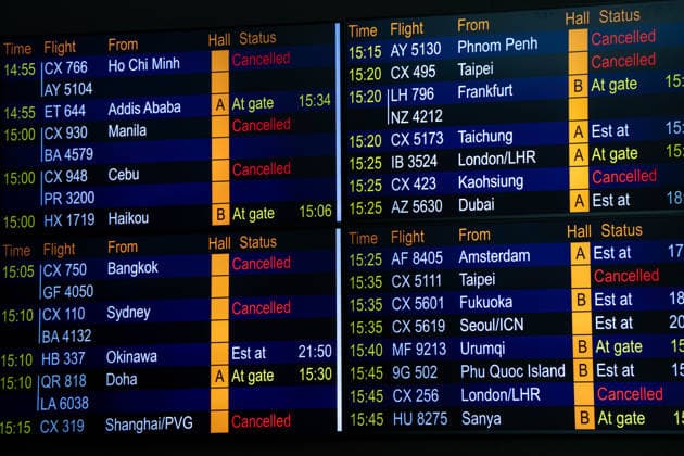 HONGKONG-TYPHOON NOUL A flight information display board inside terminal 1 at Hong Kong International Airpot during typhoon Noul in Hong Kong, July 26, 2026. NEXPHER Vernon Yuen HONG KONG