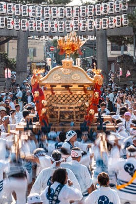 General view, July 26, 2026 - Participants carry a portable shrine (mikoshi) during the Mikoshi Togyo procession of the Sumiyoshi Matsuri at Sumiyoshi Taisha in Osaka, Japan. The annual procession is one of the festival s main events, as worshippers parade the sacred mikoshi through the surrounding streets as part of a centuries-old Shinto tradition.  aflo_339206506