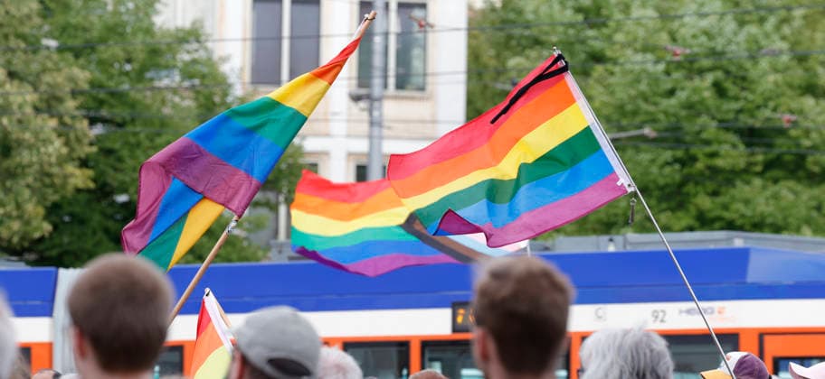 Mahnwache 26.07.2026 Zum Gedenken an den terroristischen Anschlag und deren Opfer im Bereich der CSD Demonstration in Berlin veranstaltete Christopher Street Day Darmstadt Vielbunt heute eine Mahnwache gegen Querfeindlichkeit auf dem Luisenplatz in Darmstadt zu der über 150 Menschen kamen hier LGBTIQ Fahne mit Trauerflor Darmstadt Hessen Deutschland *** Vigil, July 26, 2026: To commemorate the terrorist attack and its victims during the CSD parade in Berlin, Christopher Street Day Darmstadt Vielbunt held a vigil today against transphobia at Luisenplatz in Darmstadt, which was attended by over 150 people. Here LGBTIQ flag with a black ribbon Darmstadt, Hesse, Germany
