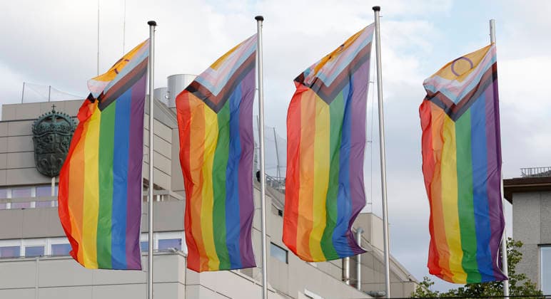 Mahnwache 26.07.2026 Zum Gedenken an den terroristischen Anschlag und deren Opfer im Bereich der CSD Demonstration in Berlin veranstaltete Christopher Street Day Darmstadt Vielbunt heute eine Mahnwache gegen Querfeindlichkeit auf dem Luisenplatz in Darmstadt zu der über 150 Menschen kamen hier vier CSD LGBTIQ Fahnen vor dem Rathaus Darmstadt Hessen Deutschland *** Vigil, July 26, 2026: To commemorate the terrorist attack and its victims during the CSD parade in Berlin, Christopher Street Day Darmstadt Vielbunt held a vigil today against transphobia at Luisenplatz in Darmstadt, which was attended by over 150 people. Here Four CSD LGBTIQ flags in front of City Hall in Darmstadt, Hesse, Germany