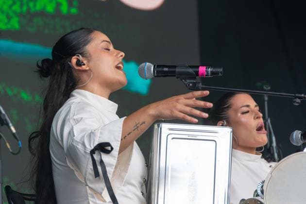 July 26, 2026, Corsham, Wiltshire, England: Tanxugueiras includes three women from the province of Galicia in Spain. The trio sang powerful songs at WOMAD Festival, with modern pop influences, as well as flavours from their celtic cultural roots. Corsham England - ZUMAr169 20260726_zip_r169_054 Copyright: xRodxHarbinsonx