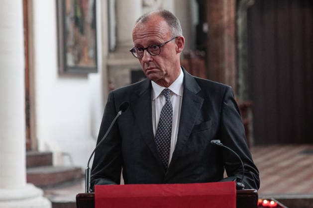 July 26, 2026, Berlin, Germany: German Chancellor Friedrich Merz addresses mourners during a memorial service at St. Mary™s Church on Alexanderplatz for the victims of the CSD Pride parade attack. On the evening of July 25, a car drove into people in Tiergarten park, killing one person and injuring 29 others. Authorities are searching for the suspected attacker. Berlin Germany  - ZUMAs197 20260726_aaa_s197_140 Copyright: xVasilyxKrestyaninovx