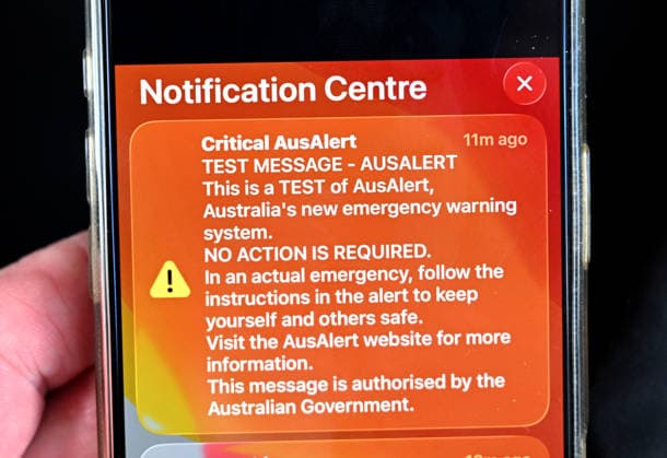 NATIONAL AUSALERT TEST, The text message from the National AusAlert system is displayed on an iPhone in Brisbane, Monday, July 27, 2026. ( NO ARCHIVING BRISBANE QUEENSLAND AUSTRALIA  Copyright: xDARRENxENGLANDx 20260727171904628120