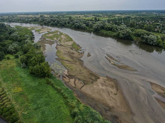 Poland s San River with low water levels as drought intensifies STALOWA WOLA, POLAND- JULY 27: An aerial view of San River with low water levels due to the ongoing drought in Poland in Stalowa Wola, Poland on July 27, 2026. Currently, low water levels have been recorded at 66 percent of Poland’s hydrological stations. Warnings over worsening dry conditions were issued earlier in July, when Poland’s national weather agency said hydrological drought had spread across much of the country. Officials reported falling river levels, reduced groundwater supplies and more monitoring stations recording flows below long-term minimum thresholds. At the end of this week, a heatwave is predicted with temperatures to raise above 35 Celsius degrees. Omar M  Copyright: x2026xAnadoluxOmarxMarquesx