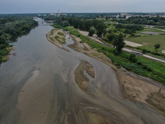 Poland s San River with low water levels as drought intensifies STALOWA WOLA, POLAND- JULY 27: An aerial view of San River with low water levels due to the ongoing drought in Poland in Stalowa Wola, Poland on July 27, 2026. Currently, low water levels have been recorded at 66 percent of Poland’s hydrological stations. Warnings over worsening dry conditions were issued earlier in July, when Poland’s national weather agency said hydrological drought had spread across much of the country. Officials reported falling river levels, reduced groundwater supplies and more monitoring stations recording flows below long-term minimum thresholds. At the end of this week, a heatwave is predicted with temperatures to raise above 35 Celsius degrees. Omar  Copyright: x2026xAnadoluxOmarxMarquesx