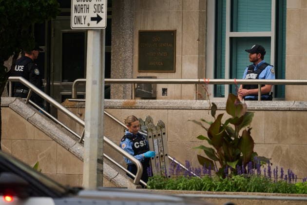 July 27, 2026, Toronto, On, Canada: Police work the scene of an early morning shooting outside the U.S. Consulate in Toronto on Monday, July 27, 2026. Toronto Canada  - ZUMAc35_ 20260727_zaf_c35_002 Copyright: xSammyxKoganx