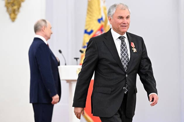 Russia Putin State Duma 9212651 27.07.2026 Russian State Duma Speaker Vyacheslav Volodin walks after receiving the Order for Valorous Labour during a meeting of President Vladimir Putin with members of the State Duma, the lower house of parliament, of the eighth convocation at the Kremlin in Moscow, Russia. Sergey Bobylev Sputnik Moscow Russia  Copyright: xSergeyxBobylevx