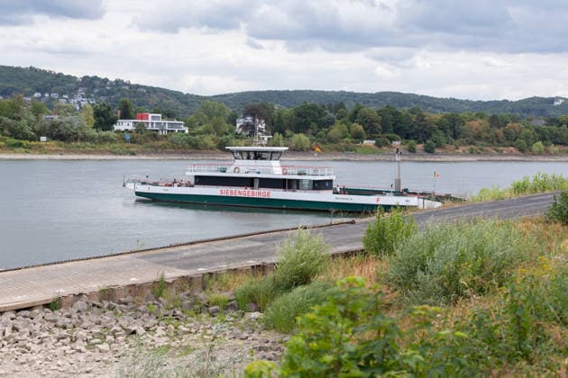 Niedrigwasser am Rhein bei Rolandseck - Fähre Bad Honnef weicht auf Behelfsrampe aus Niedrigwasser am Rhein bei Rolandswerth an der Rheininsel Nonnenwerth. Bei einem Pegelstand von 18 cm am Pegel Oberwinter haben anlegende Schiffe bereits Grundberührung. Der reguläre Fähranleger ist nicht mehr erreichbar - die Fähre nach Bad Honnef muss auf eine benachbarte Rampe ausweichen. Remagen Rolandseck Rheinland-Pfalz Deutschland *** Low water levels on the Rhine near Rolandseck; the Bad Honnef ferry is diverting to a temporary ramp. Low water levels on the Rhine near Rolandswerth on the Rhine island of Nonnenwerth. With the water level at the Oberwinter gauge at 18 cm, ships attempting to dock are already running aground. The regular ferry ter Copyright: xMarcxJohnx