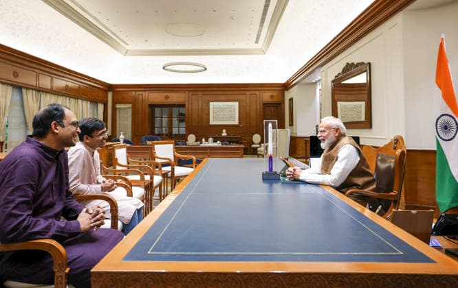 RECORD DATE NOT STATED Skyroot Aerospace founders meet PM Modi New Delhi, Jul 27 (ANI): Skyroot Aerospace founders, Pawan Chandana and Naga Bharath Daka, meet Prime Minister Narendra Modi, in New Delhi on Monday. (@SkyrootA X ANI Photo) NEW DELHI Delhi India Copyright: xANIx ANI_20260727514