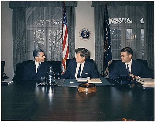 April 13, 1962, Washington, District Of Columbia, USA: United States President John F. Kennedy meets the Shah of Iran, Mohammad Reza Shah Pahlavi, in the Cabinet Room at the White House on April 13, 1962. Left to right: Shah Pahlavi, President Kennedy, U.S. Secretary of Defense Robert McNamara Washington USA - ZUMAs152 19620413_faa_s152_002 Copyright: xRobertxKnudsenx