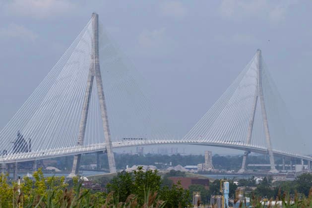 (260727) -- WINDSOR(CANADA), July 27, 2026 -- The Gordie Howe International Bridge is seen from the Canadian side in Windsor, Ontario, Canada, on July 27, 2026. Canada on Monday opened a new international bridge linking Windsor, Ontario and Detroit, U.S., providing the newest and largest land border crossing with the United States despite escalating trade tensions between the two countries. (Photo by Xinhua) CANADA-U.S.-BORDER BRIDGE-OPENING ZouxZheng 