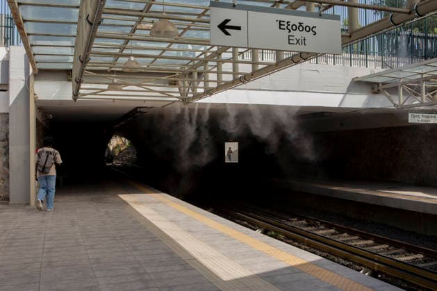 Athens Greece Heatwave A man walks along a platform as water spray is deployed at Thiseio station in Athens, Attica, Greece on July 27, 2026. The water spray system operates as high summer temperatures persist in the Greek capital. Athens Attica Greece Copyright: xElvisxTakahashixMantellox