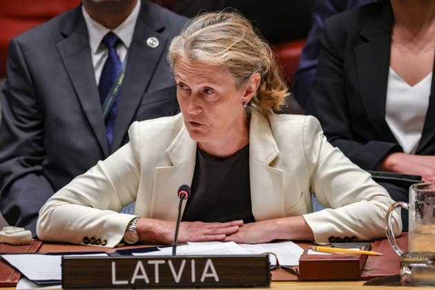 July 27, 2026, New York, New York, United States: SANITA PAVLUTA-DESLANDES, Permanent Representative of Latvia to the United Nations, speaks during a United Nations Security Council meeting on Russian attacks on civilian cargo vessels and port infrastructure in UkraineÃ¢â‚¬â ¢s Black Sea maritime corridor. Pavluta-Deslandes condemned the attacks, called for the protection of freedom of navigation and civilian shipping, and warned that disruptions to UkraineÃ¢â‚¬â ¢s grain exports threaten global food security. New York United States  - ZUMAo116 20260727_znp_o116_001 Copyright: xBiancaxOterox
