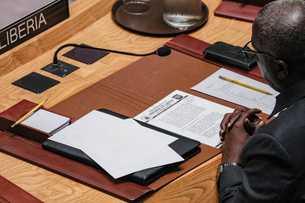 July 27, 2026, New York, New York, United States: LEWIS G. BROWN II, Permanent Representative of Liberia to the United Nations, speaks during a United Nations Security Council meeting on Russian attacks on civilian cargo vessels and port infrastructure in UkraineÃ¢â‚¬â ¢s Black Sea maritime corridor. Brown stressed that attacks on civilian shipping have consequences far beyond the conflict, underscoring the need to protect freedom of navigation, uphold international law, and safeguard global food security and international trade. New York United States  - ZUMAo116 20260727_znp_o116_019 Copyright: xBiancaxOterox