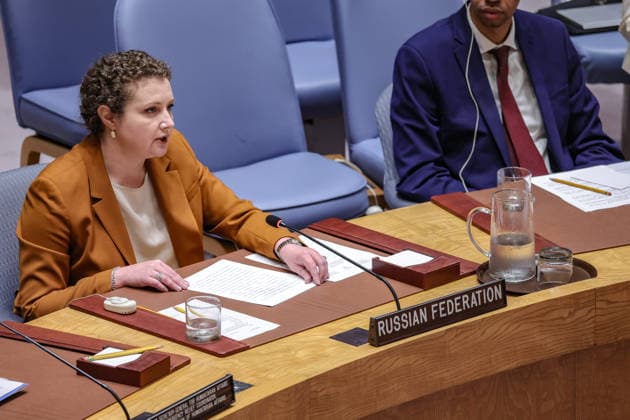 July 27, 2026, New York, New York, United States: ANNA EVSTIGNEEVA, Deputy Permanent Representative of the Russian Federation to the United Nations, speaks during a United Nations Security Council meeting on Russian attacks on civilian cargo vessels and port infrastructure in UkraineÃ¢â‚¬â ¢s Black Sea maritime corrido. Evstigneeva rejected allegations that Russia was targeting civilian shipping, accused Ukraine of using civilian infrastructure for military purposes, and argued that Western military support for Kyiv was prolonging the conflict. New York United States  - ZUMAo116 20260727_znp_o116_021 Copyright: xBiancaxOterox
