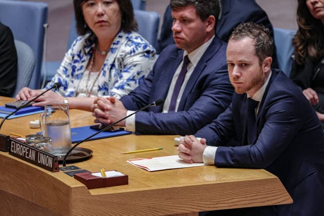 July 27, 2026, New York, New York, United States: QUENTIN WEILER, Representative of the Delegation of the European Union to the United Nations, speaks during a United Nations Security Council meeting on Russian attacks on civilian cargo vessels and port infrastructure in UkraineÃ¢â‚¬â ¢s Black Sea maritime corridor. Weiler condemned RussiaÃ¢â‚¬â ¢s attacks on civilian shipping and port infrastructure, reaffirmed the European UnionÃ¢â‚¬â ¢s support for Ukraine, and called for the protection of freedom of navigation, accountability under international law, and the safeguarding of global food security. New York United States  - ZUMAo116 20260727_znp_o116_024 Copyright: xBiancaxOterox