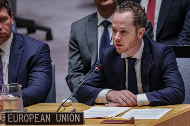 July 27, 2026, New York, New York, United States: QUENTIN WEILER, Representative of the Delegation of the European Union to the United Nations, speaks during a United Nations Security Council meeting on Russian attacks on civilian cargo vessels and port infrastructure in UkraineÃ¢â‚¬â ¢s Black Sea maritime corridor. Weiler condemned RussiaÃ¢â‚¬â ¢s attacks on civilian shipping and port infrastructure, reaffirmed the European UnionÃ¢â‚¬â ¢s support for Ukraine, and called for the protection of freedom of navigation, accountability under international law, and the safeguarding of global food security. New York United States  - ZUMAo116 20260727_znp_o116_031 Copyright: xBiancaxOterox