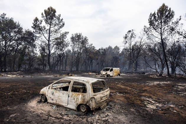 Burned Properties After The Gironde Wildfires - Lege Burned residential properties are seen after the passage of the wildfire, smoke continues to rise from the affected areas as firefighters monitor remaining hotspots in Lège, France, on July 27, 2026. Photo by Margot Le Gonidec ABACAPRESS.COM Lège France  Copyright: xLexGonidecxMargot ABACAx