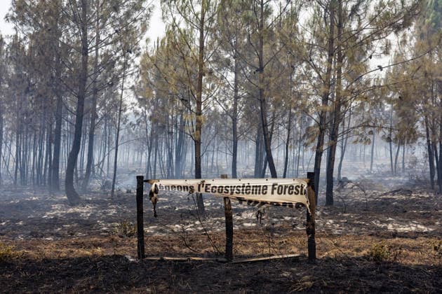 Burned Properties After The Gironde Wildfires - Lege Burned residential properties are seen after the passage of the wildfire, smoke continues to rise from the affected areas as firefighters monitor remaining hotspots in Lège, France, on July 27, 2026. Photo by Margot Le Gonidec ABACAPRESS.COM Lège France  Copyright: xLexGonidecxMargot ABACAx