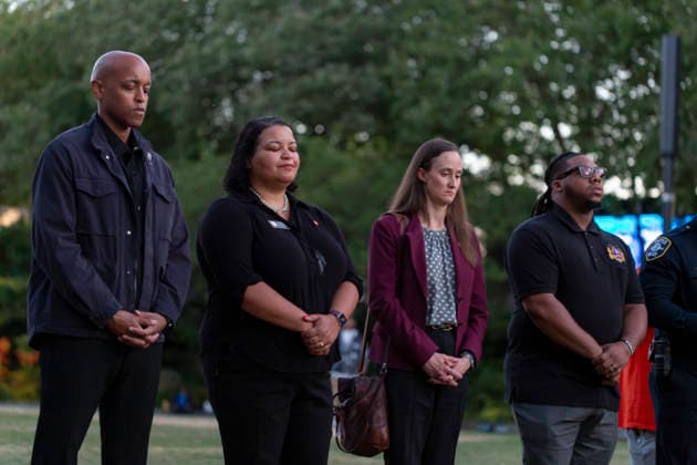 July 27, 2026, Seattle, Washington, USA: Dignitaries observe a moment of silence including King County Executive GIRMAY ZAHILAY (Left) and Seattle mayor KATIE WILSON (3rd from Left) during a vigil at Seattle Center for the victims of last nightÃ¢â‚¬â ¢s shooting at the Bite of Seattle festival in Seattle on Monday, July 27, 2026. Seattle USA  - ZUMAg235 20260727_zap_g235_029 Copyright: xPaulxChristianxGordonx