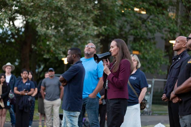 July 27, 2026, Seattle, Washington, USA: Seattle mayor KATIE WILSON speaks during a vigil at Seattle Center for the victims of last nightÃ¢â‚¬â ¢s shooting at the Bite of Seattle festival in Seattle on Monday, July 27, 2026. Seattle USA  - ZUMAg235 20260727_zap_g235_051 Copyright: xPaulxChristianxGordonx