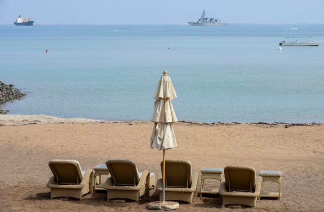 Djibouti city, red sea, Bab al-Mandab DJIBOUTI city, Red Sea, view to anchorage wirh cargo ships and naval ship fighting against piracy, Djibouti is an strategic point, China, USA and France have military bases here