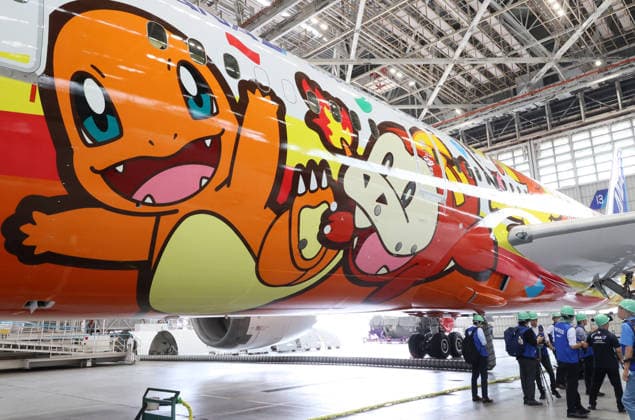July 28, 2026, Tokyo, Japan - Japan s largest air carrier All Nippon Airways (ANA) displays the special designed aircraft with Pokemon characters Red Pokemon Jet to mark the 30th annivrersary of the partnership of ANA and Pokemon at the ANA hangar near the Haneda airport in Tokyo on Tuesday, July 28, 2026. ANA will start domestic flight services of Red Pokemon Jet from July 29. (photo by Yoshio Tsunoda AFLO)  aflo_339375431
