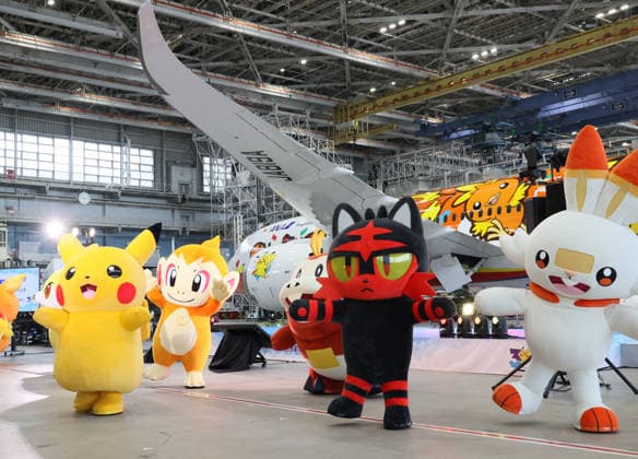 July 28, 2026, Tokyo, Japan - Mokemon characters dance as Japan s largest air carrier All Nippon Airways (ANA) displays the special designed aircraft with Pokemon characters Red Pokemon Jet to mark the 30th annivrersary of the partnership of ANA and Pokemon at the ANA hangar near the Haneda airport in Tokyo on Tuesday, July 28, 2026. ANA will start domestic flight services of Red Pokemon Jet from July 29. (photo by Yoshio Tsunoda AFLO)  aflo_339375455