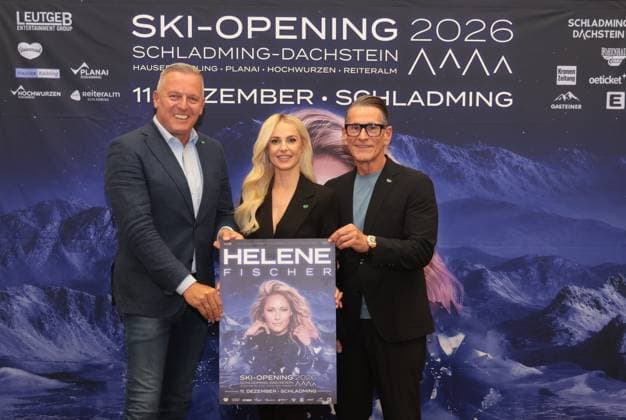 28.07.2026, Schladming, AUT, Unterwegs in Steiermark, Pressekonferenz, PK, SkiOpening 2026, Bekanntgabe LiveAct, Helene Fischer, im Bild Landeshauptmann Mario Kunasek, LH, Mario Kunasek, LH Steiermark, Moderatorin Silvia Schneider, Veranstalter, Klaus Leutgeb, Leutgebentertainment, *** July 28, 2026, Schladming, Austria, On the Road in Styria, Press Conference, SkiOpening 2026, Live Act Announcement, Helene Fischer, Pictured: Governor Mario Kunasek, Mario Kunasek, Governor of Styria, host Silvia Schneider, organizer Klaus Leutgeb, Leutgeb Entertainment,