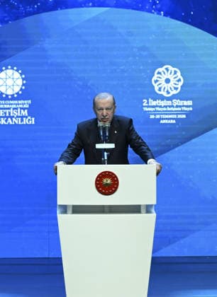 Turkish President Recep Tayyip Erdogan ANKARA, TURKIYE - JULY 28: Turkish President Recep Tayyip Erdogan makes a speech during the 2nd Communications Council at ATO Congresium in Ankara, Turkiye on July 28, 2026. Utku Ucrak Anadolu Ankara Turkey. Editorial use only. Please get in touch for any other usage.  Copyright: x2026xAnadoluxUtkuxUcrakx