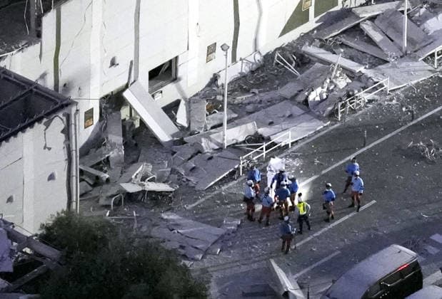 Strong quake jolts southwestern Japan Photo taken from a Kyodo News helicopter on July 28, 2026, shows search and rescue operations at a partially destroyed Aeon Mall building in Kashima, Kumamoto Prefecture, following an explosion after an earthquake with a preliminary magnitude of 7.1 shook the southwestern Japan prefecture. Many people are feared trapped inside the building.  A14AA0005624323P