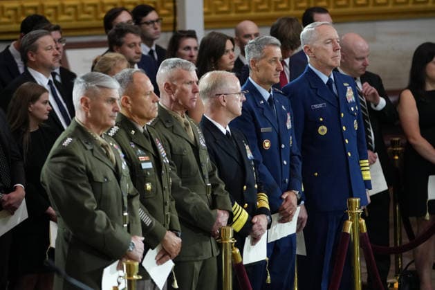 U.S. military leaders attend a Congressional Tribute to honor the late Sen. Lindsey Graham, R-SC, in the Rotunda of the U.S. Capitol in Washington, DC on Tuesday, July 28, 2026. Graham, who served in Congress for 31 years, died on July 11 at the age of 71. Pool photo by Nathan Howard  WAX20260728701 NathanxHoward