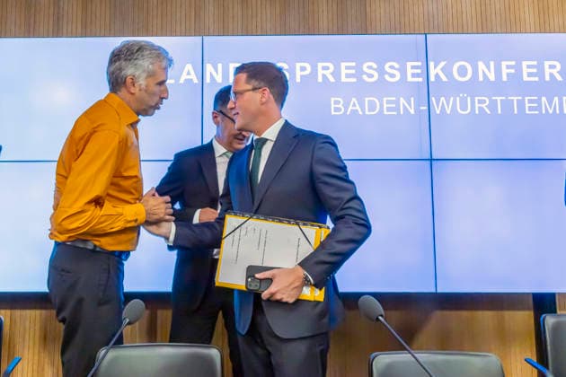 Landespressekonferenz mit Ministerpräsident Cem Özdemir (Grüne), Innenminister Manuel Hagel (CDU) und Tübingens Oberbürgermeister Boris Palmer (Parteilos). Palmer wurde befristet auf zwei Jahre zum Unabhängigen Rat für Staatsmodernisierung und Verwaltungsvereinfachung bestellt. 28.07.2026, Stuttgart, Baden-Württemberg, Deutschland *** State Press Conference with Minister President Cem Özdemir (Greens), Interior Minister Manuel Hagel (CDU), and Tübingen Mayor Boris Palmer (Independent) Palmer was appointed for a two-year term to the Independent Council for State Modernization and Administrative Simplification on July 28, 2026, Stuttgart, Baden-Württemberg, Germany